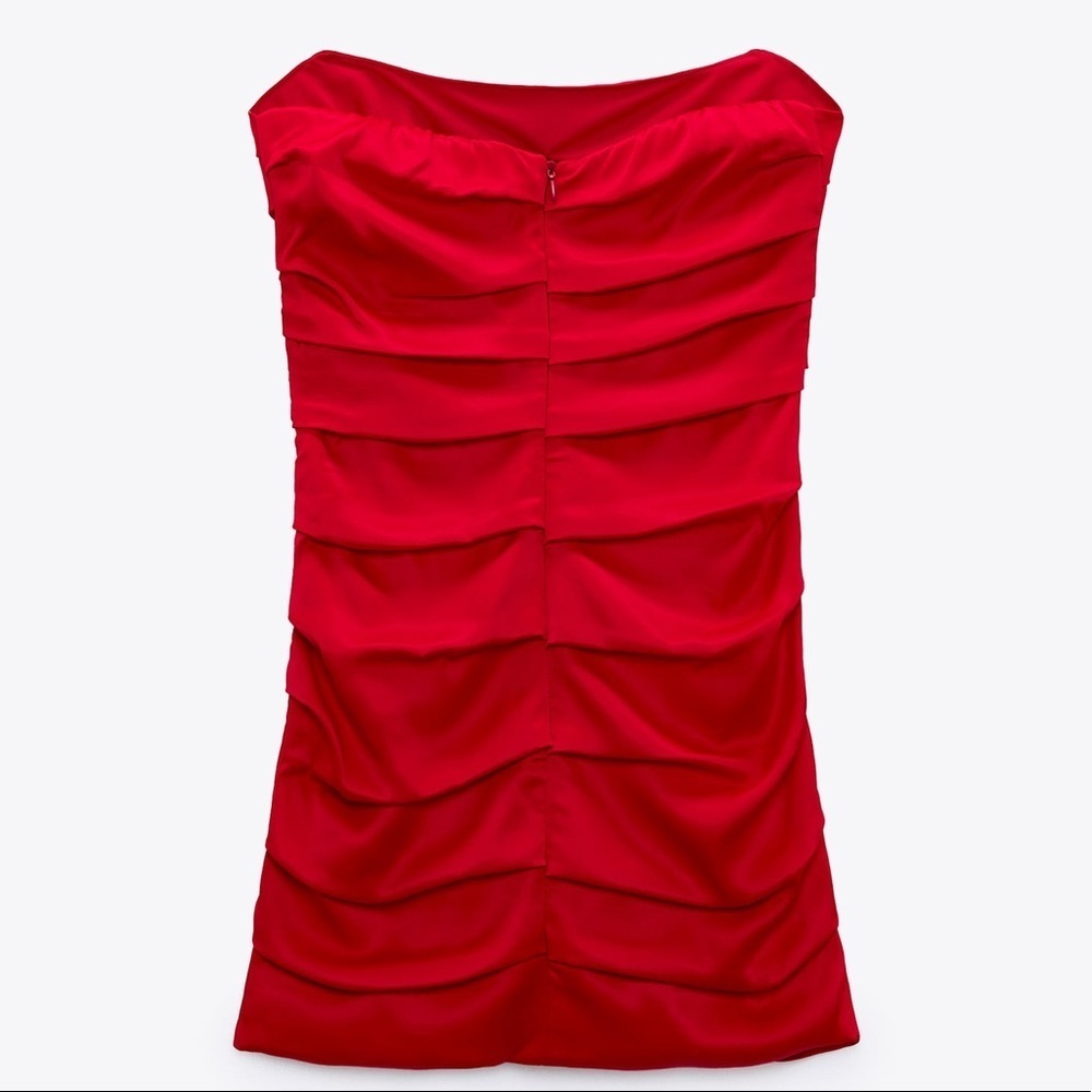 Zara Strapless Red Ruched Mini Dress - Picture 9 of 13